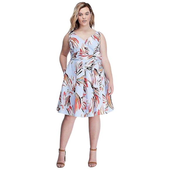 Lane Bryant Tropical V Neck Brush Stroke Sleeveless Belted Dress Light Blue 24 - Picture 13 of 13